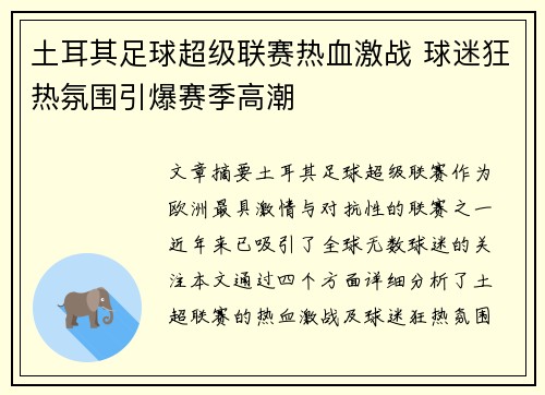 土耳其足球超级联赛热血激战 球迷狂热氛围引爆赛季高潮